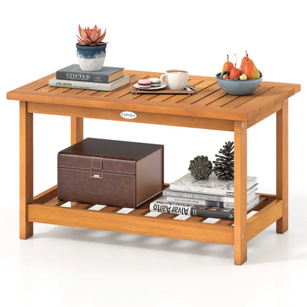 Patio Acacia Wood Coffee Table 2-Tier Rectangular Center Table - Natural - Patio Coffee Tables