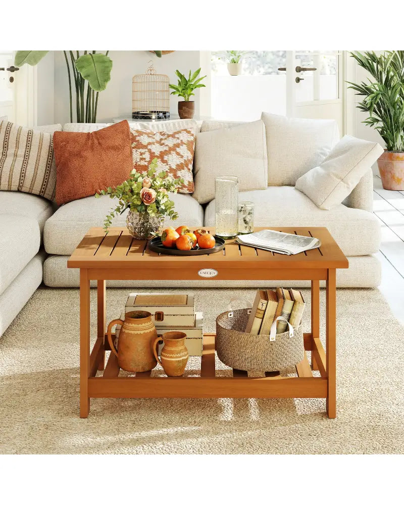 Patio Acacia Wood Coffee Table 2-Tier Rectangular Center Table - Natural - Patio Coffee Tables