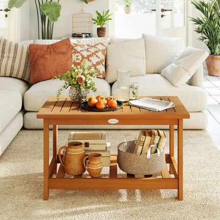 Patio Acacia Wood Coffee Table 2-Tier Rectangular Center Table - Natural - Patio Coffee Tables