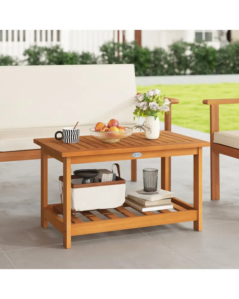 Patio Acacia Wood Coffee Table 2-Tier Rectangular Center Table - Natural - Patio Coffee Tables