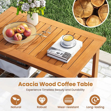 Patio Acacia Wood Coffee Table 2-Tier Rectangular Center Table - Natural - Patio Coffee Tables