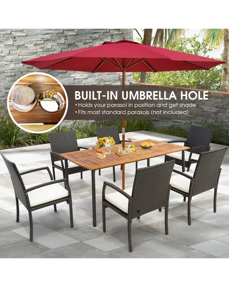 Patio Acacia Wood Dining Table with Umbrella Hole and Metal Legs - Natural - Patio Dining Tables