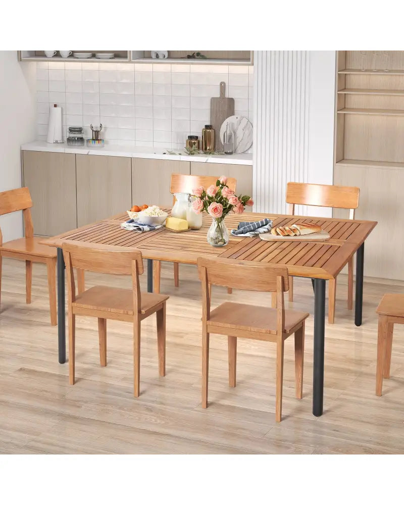 Patio Acacia Wood Dining Table with Umbrella Hole and Metal Legs - Natural - Patio Dining Tables