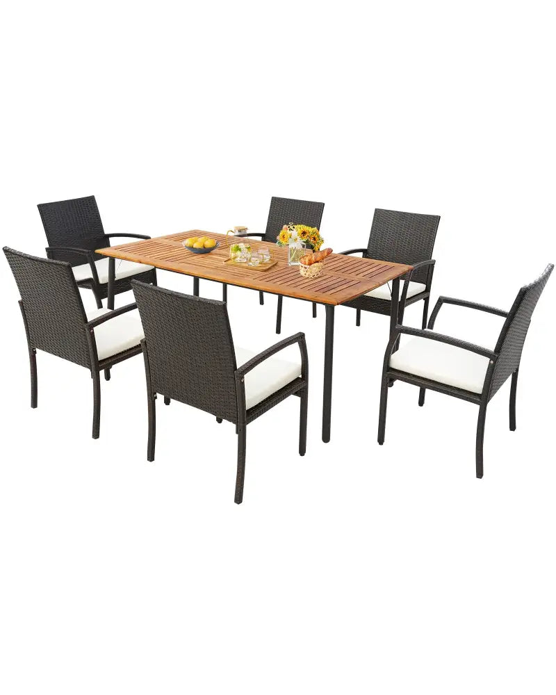 Patio Acacia Wood Dining Table with Umbrella Hole and Metal Legs - Natural - Patio Dining Tables