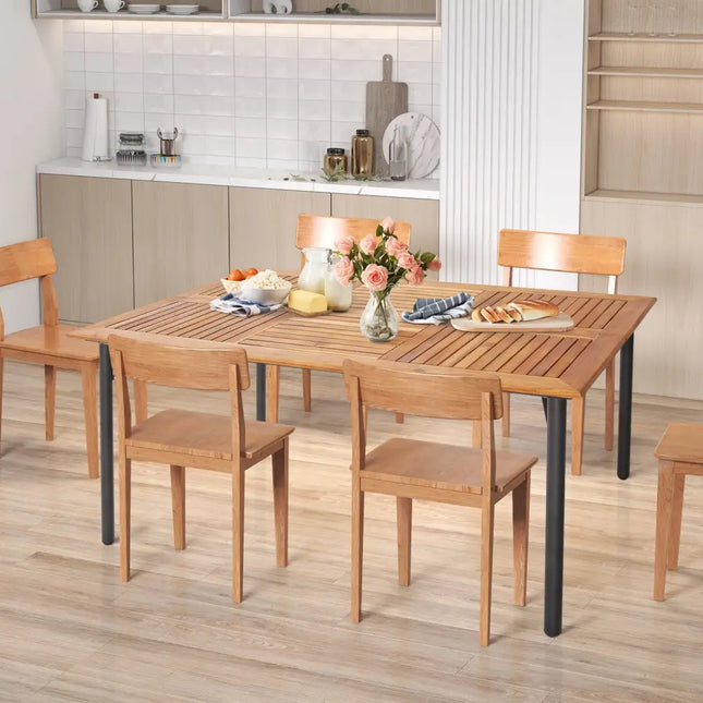 Patio Acacia Wood Dining Table with Umbrella Hole and Metal Legs - Natural - Patio Dining Tables