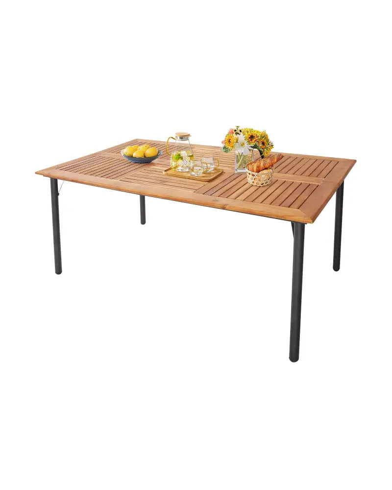 Patio Acacia Wood Dining Table with Umbrella Hole and Metal Legs - Natural - Patio Dining Tables