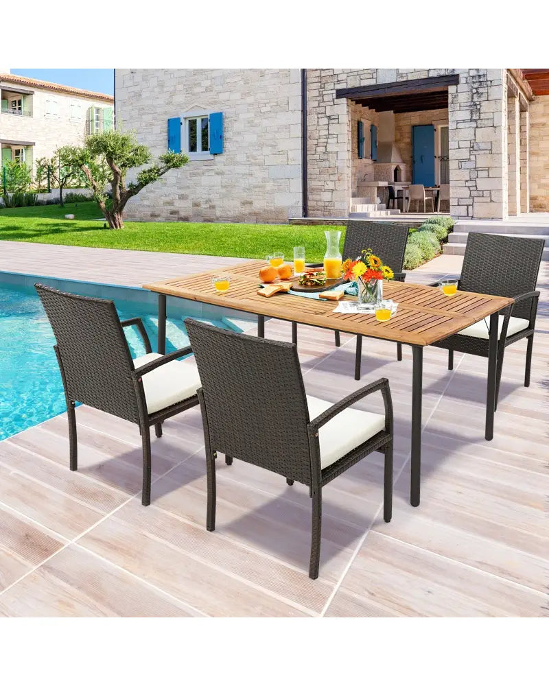 Patio Acacia Wood Dining Table with Umbrella Hole and Metal Legs - Natural - Patio Dining Tables