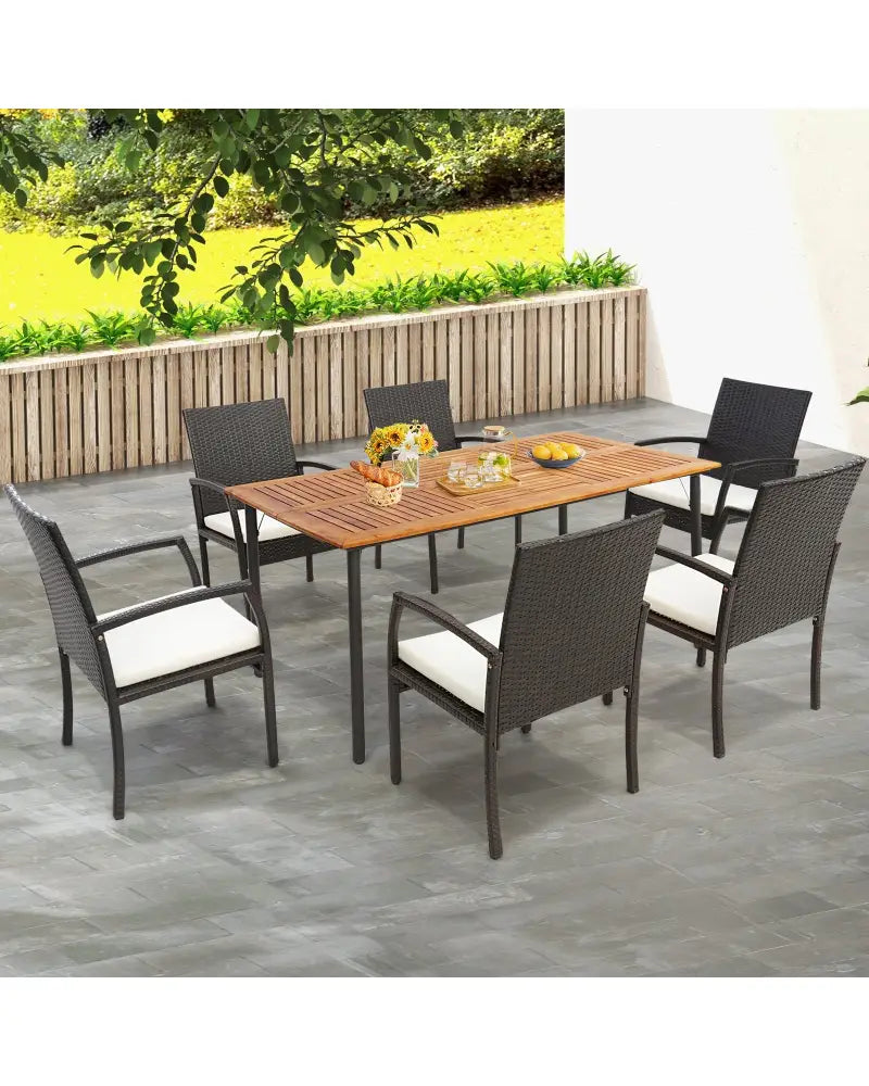 Patio Acacia Wood Dining Table with Umbrella Hole and Metal Legs - Natural - Patio Dining Tables