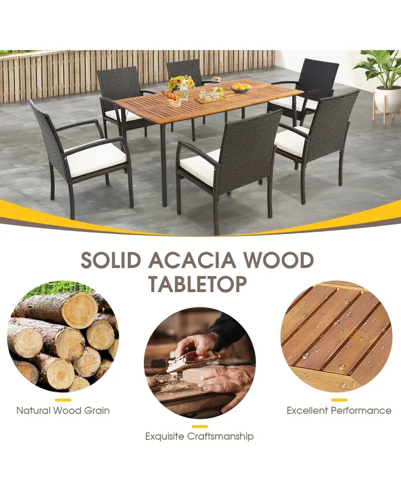 Patio Acacia Wood Dining Table with Umbrella Hole and Metal Legs - Natural - Patio Dining Tables