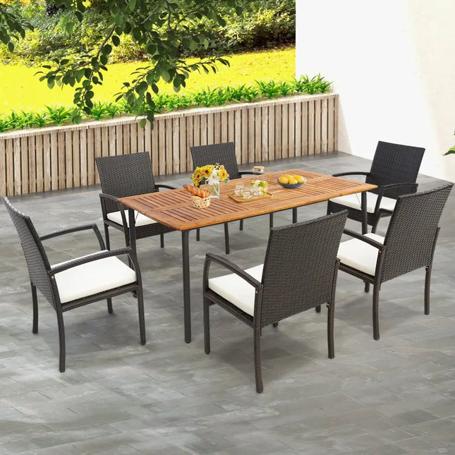 Patio Acacia Wood Dining Table with Umbrella Hole and Metal Legs - Natural - Patio Dining Tables