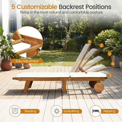 Patio Acacia Wood Lounge Chair Chaise Recliner - Natural & White - Outdoor Chaise Lounges