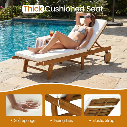 Patio Acacia Wood Lounge Chair Chaise Recliner - Natural & White - Outdoor Chaise Lounges