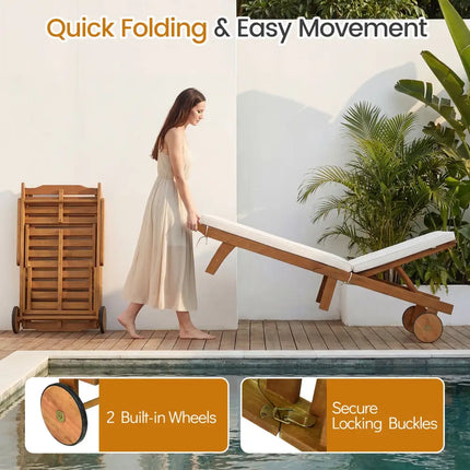 Patio Acacia Wood Lounge Chair Chaise Recliner - Natural & White - Outdoor Chaise Lounges