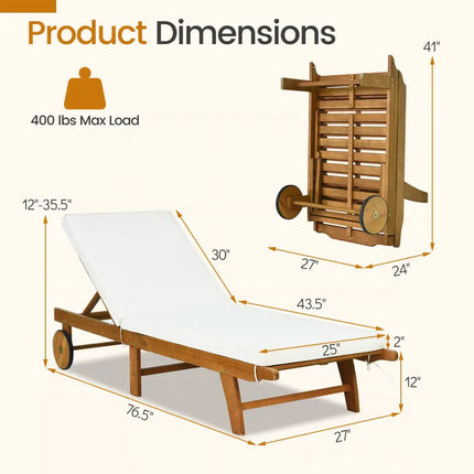 Patio Acacia Wood Lounge Chair Chaise Recliner - Natural & White - Outdoor Chaise Lounges