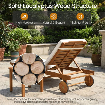 Patio Acacia Wood Lounge Chair Chaise Recliner - Natural & White - Outdoor Chaise Lounges