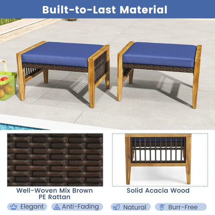Patio Acacia Wood Ottomans with Cushions and Versatile Rattan Woven Footstools-Navy - Navy - Ottomans