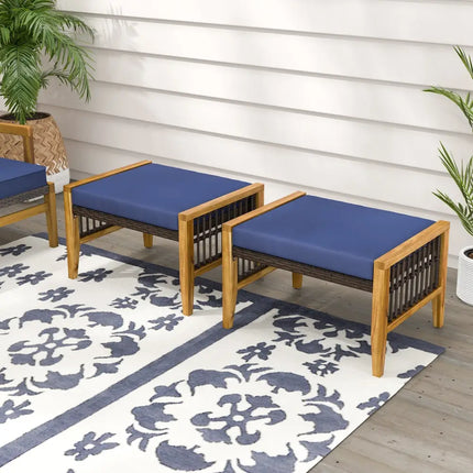 Patio Acacia Wood Ottomans with Cushions and Versatile Rattan Woven Footstools-Navy - Navy - Ottomans