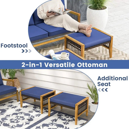Patio Acacia Wood Ottomans with Cushions and Versatile Rattan Woven Footstools-Navy - Navy - Ottomans