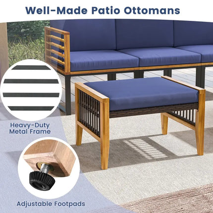 Patio Acacia Wood Ottomans with Cushions and Versatile Rattan Woven Footstools-Navy - Navy - Ottomans