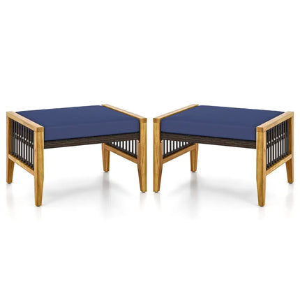 Patio Acacia Wood Ottomans with Cushions and Versatile Rattan Woven Footstools-Navy - Navy - Ottomans