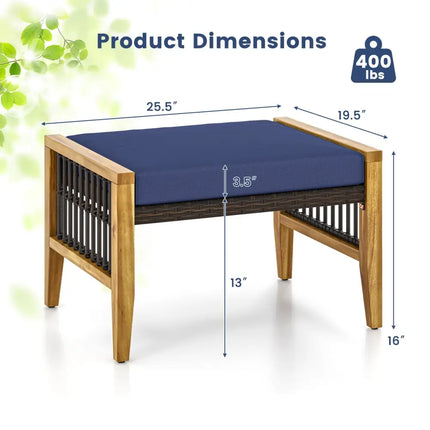 Patio Acacia Wood Ottomans with Cushions and Versatile Rattan Woven Footstools-Navy - Navy - Ottomans