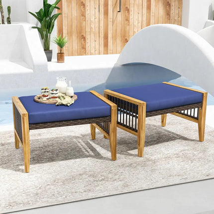 Patio Acacia Wood Ottomans with Cushions and Versatile Rattan Woven Footstools-Navy - Navy - Ottomans