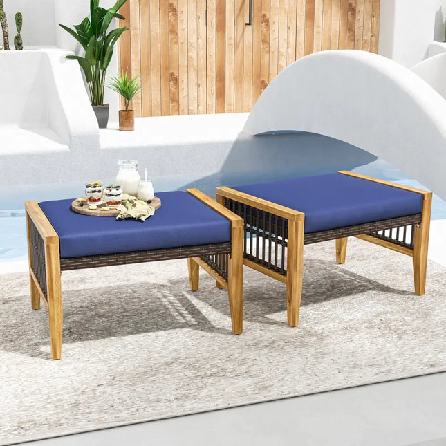 Patio Acacia Wood Ottomans with Cushions and Versatile Rattan Woven Footstools-Navy - Navy - Ottomans