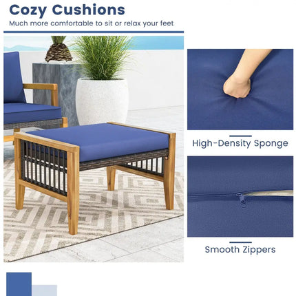 Patio Acacia Wood Ottomans with Cushions and Versatile Rattan Woven Footstools-Navy - Navy - Ottomans