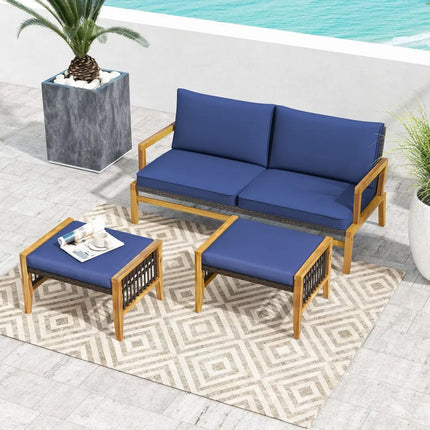 Patio Acacia Wood Ottomans with Cushions and Versatile Rattan Woven Footstools-Navy - Navy - Ottomans