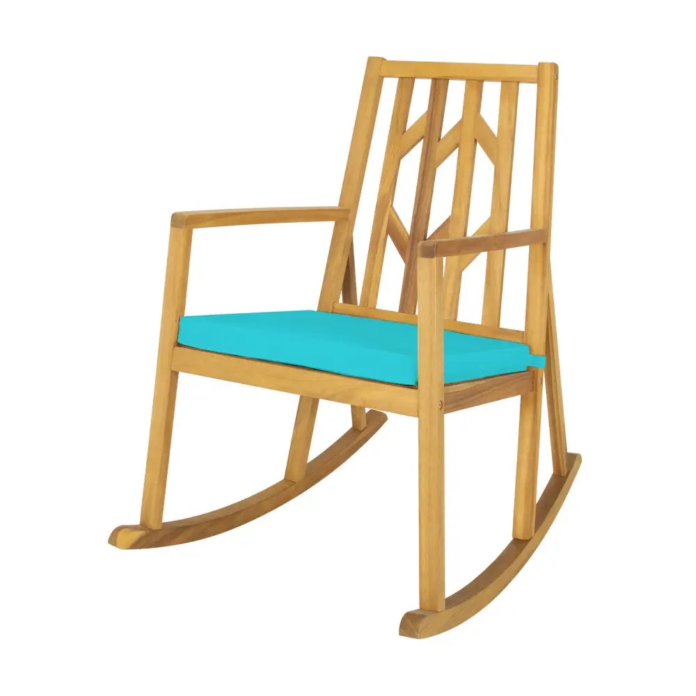 Patio Acacia Wood Rocking Chair Sofa with Armrest and Cushion for Garden and Deck-Turquoise - Turquoise - Patio Rocking