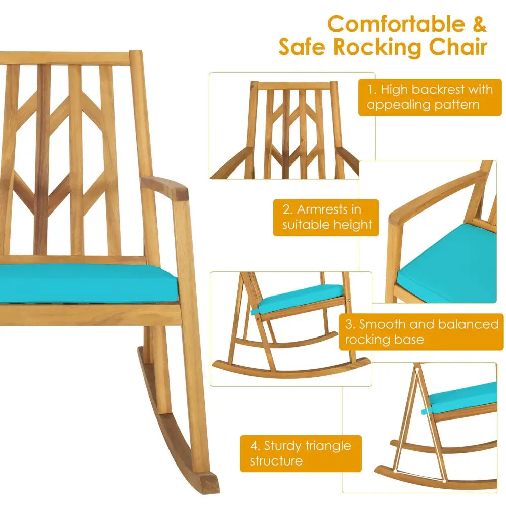 Patio Acacia Wood Rocking Chair Sofa with Armrest and Cushion for Garden and Deck-Turquoise - Turquoise - Patio Rocking