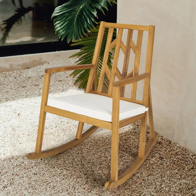Patio Acacia Wood Rocking Chair Sofa with Armrest and Cushion for Garden and Deck-White - White - Patio Rocking Chairs