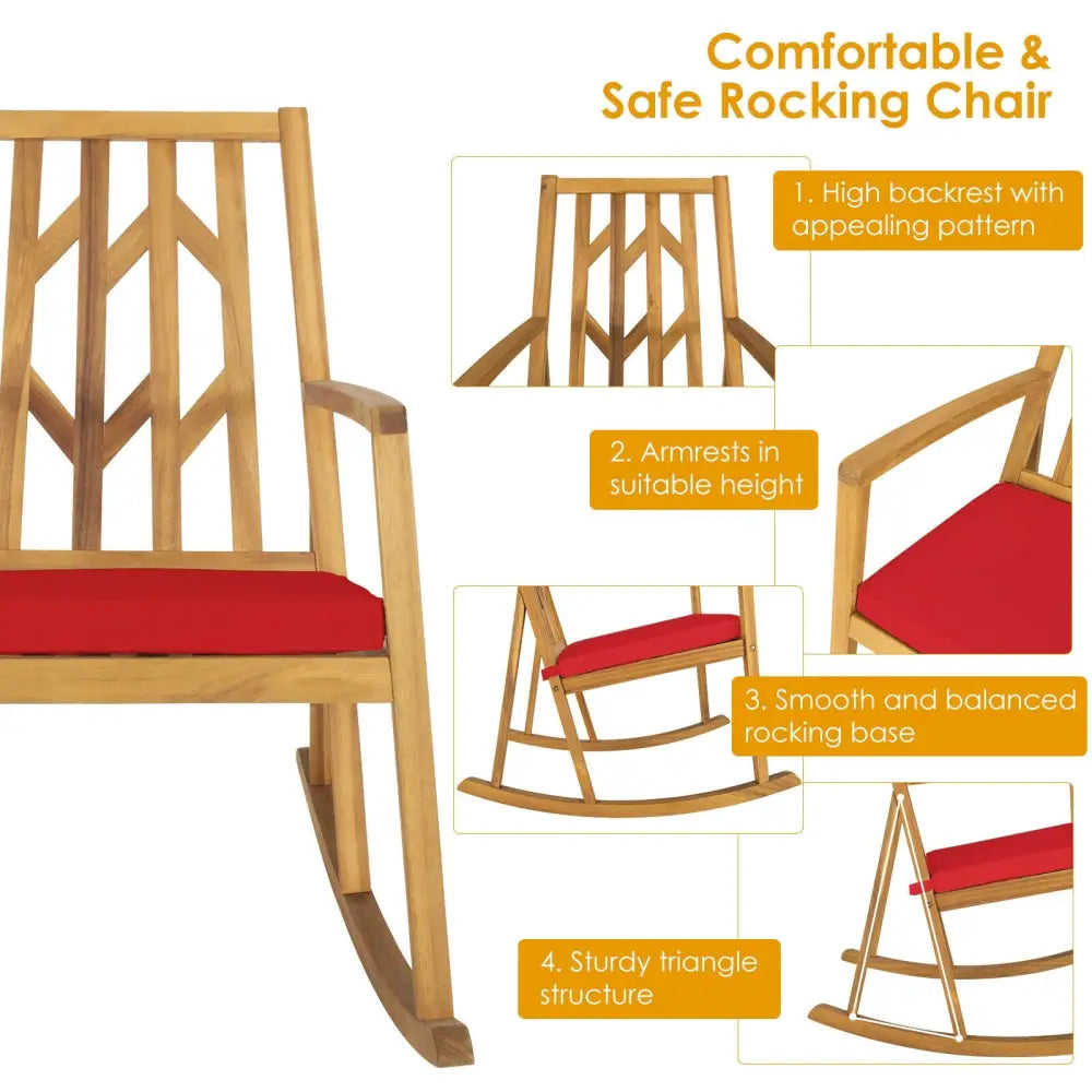 Patio Acacia Wood Rocking Chair Sofa with Armrest and Cushion for Garden and Deck-Red - Red - Patio Rocking Chairs &