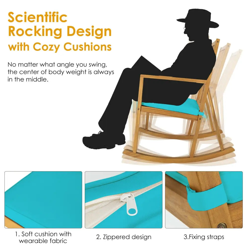 Patio Acacia Wood Rocking Chair Sofa with Armrest and Cushion for Garden and Deck-Turquoise - Turquoise - Patio Rocking