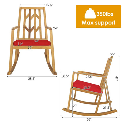Patio Acacia Wood Rocking Chair Sofa with Armrest and Cushion for Garden and Deck-Red - Red - Patio Rocking Chairs &