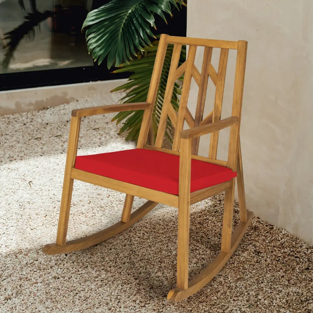 Patio Acacia Wood Rocking Chair Sofa with Armrest and Cushion for Garden and Deck-Red - Red - Patio Rocking Chairs &