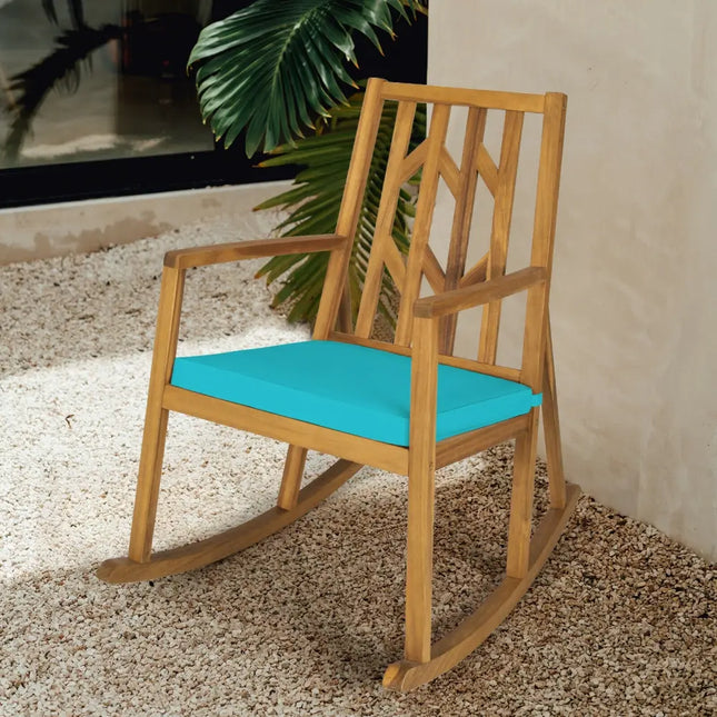 Patio Acacia Wood Rocking Chair Sofa with Armrest and Cushion for Garden and Deck-Turquoise - Turquoise - Patio Rocking