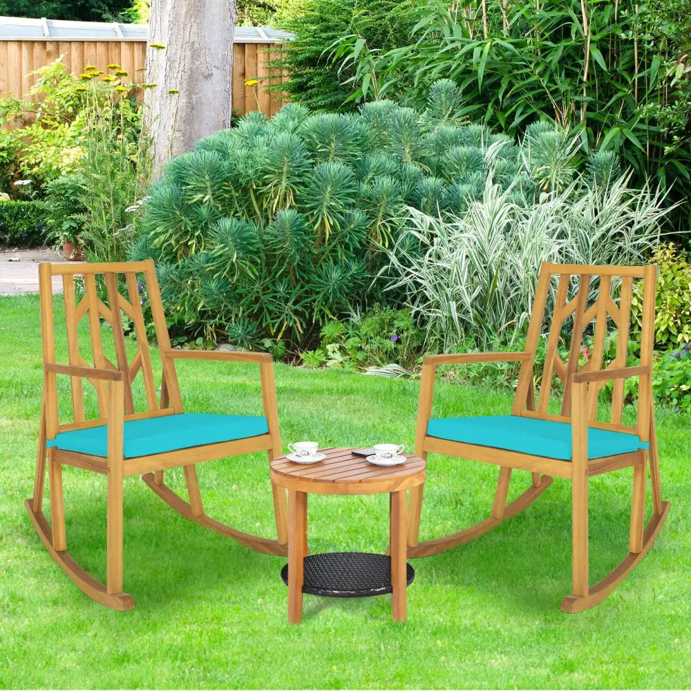 Patio Acacia Wood Rocking Chair Sofa with Armrest and Cushion for Garden and Deck-Turquoise - Turquoise - Patio Rocking