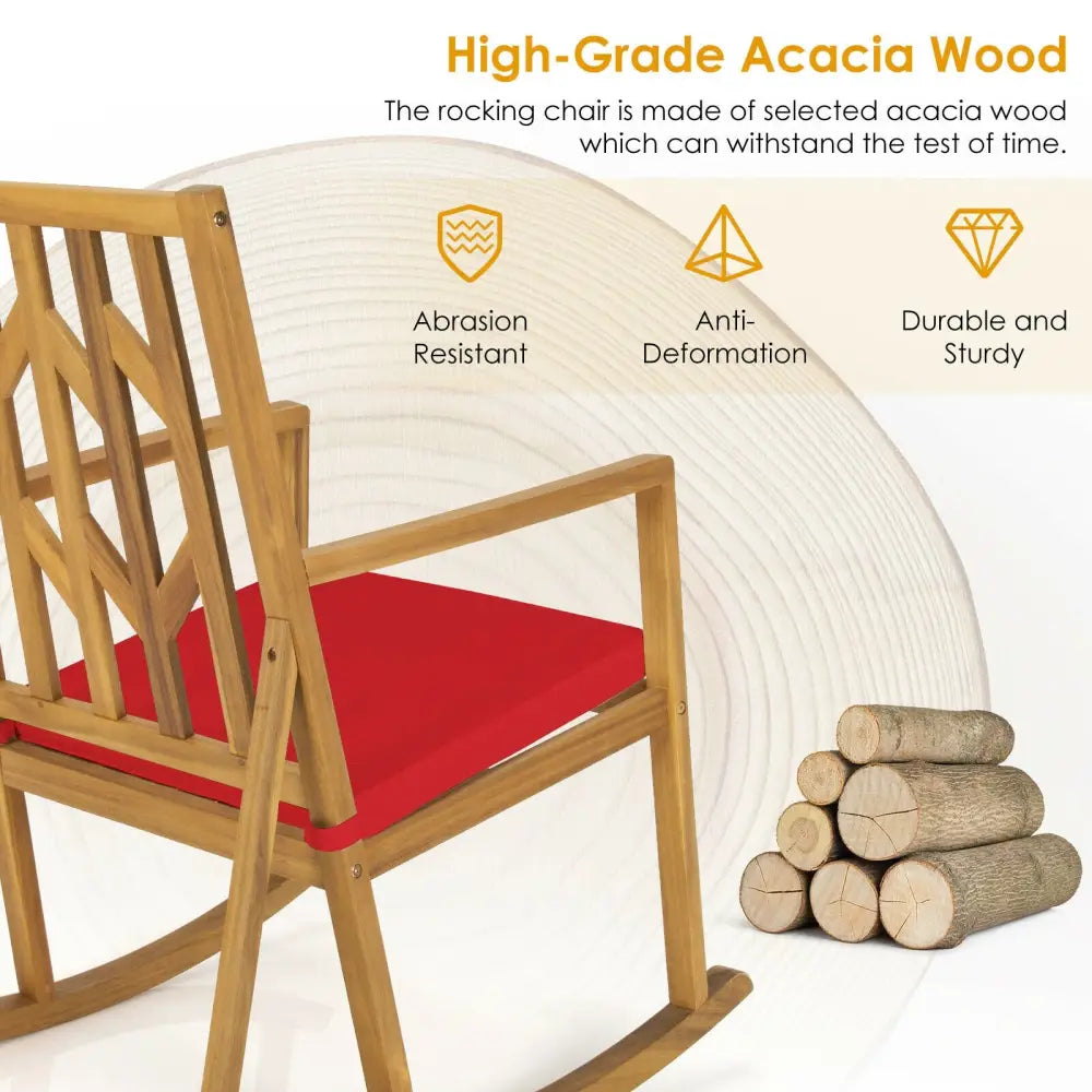 Patio Acacia Wood Rocking Chair Sofa with Armrest and Cushion for Garden and Deck-Red - Red - Patio Rocking Chairs &