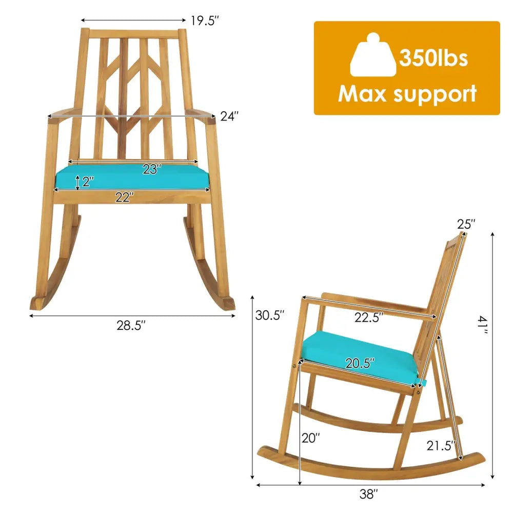 Patio Acacia Wood Rocking Chair Sofa with Armrest and Cushion for Garden and Deck-Turquoise - Turquoise - Patio Rocking