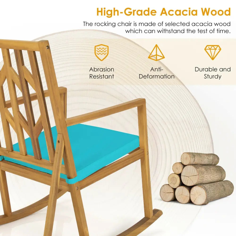 Patio Acacia Wood Rocking Chair Sofa with Armrest and Cushion for Garden and Deck-Turquoise - Turquoise - Patio Rocking