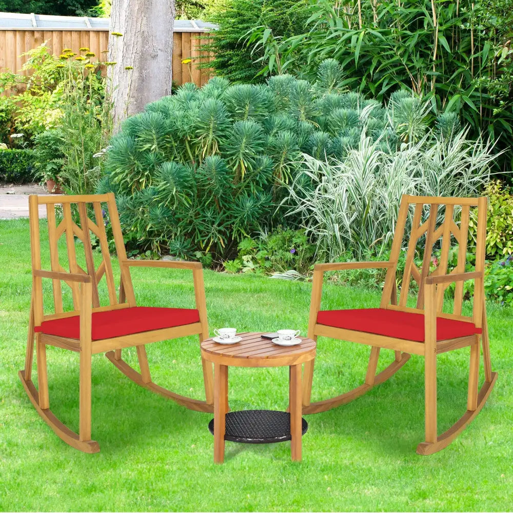 Patio Acacia Wood Rocking Chair Sofa with Armrest and Cushion for Garden and Deck-Red - Red - Patio Rocking Chairs &