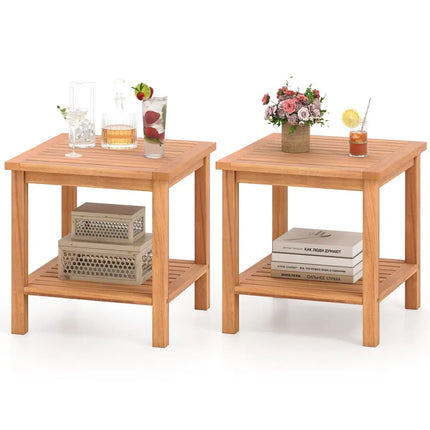 Patio Acacia Wood Side Table Set of 2 with Slatted Tabletop and Storage Shelf - End & Side Tables