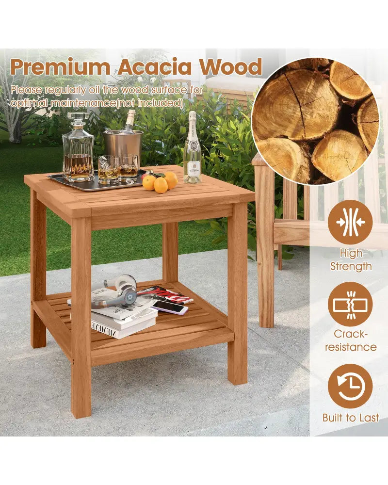 Patio Acacia Wood Side Table Set of 2 with Slatted Tabletop and Storage Shelf - End & Side Tables