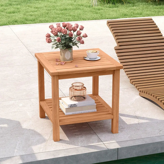 Patio Acacia Wood Side Table Set of 2 with Slatted Tabletop and Storage Shelf - End & Side Tables