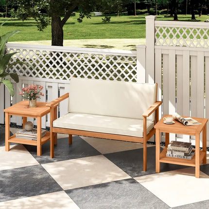 Patio Acacia Wood Side Table Set of 2 with Slatted Tabletop and Storage Shelf - End & Side Tables