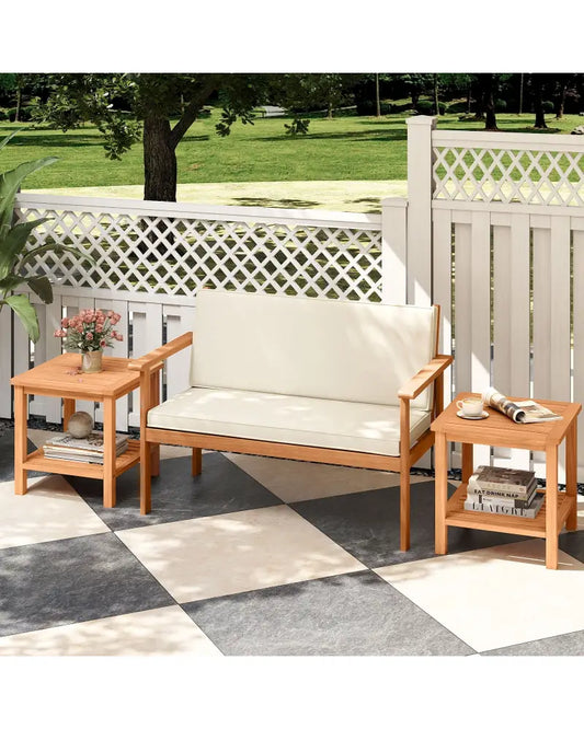 Patio Acacia Wood Side Table Set of 2 with Slatted Tabletop and Storage Shelf - End & Side Tables