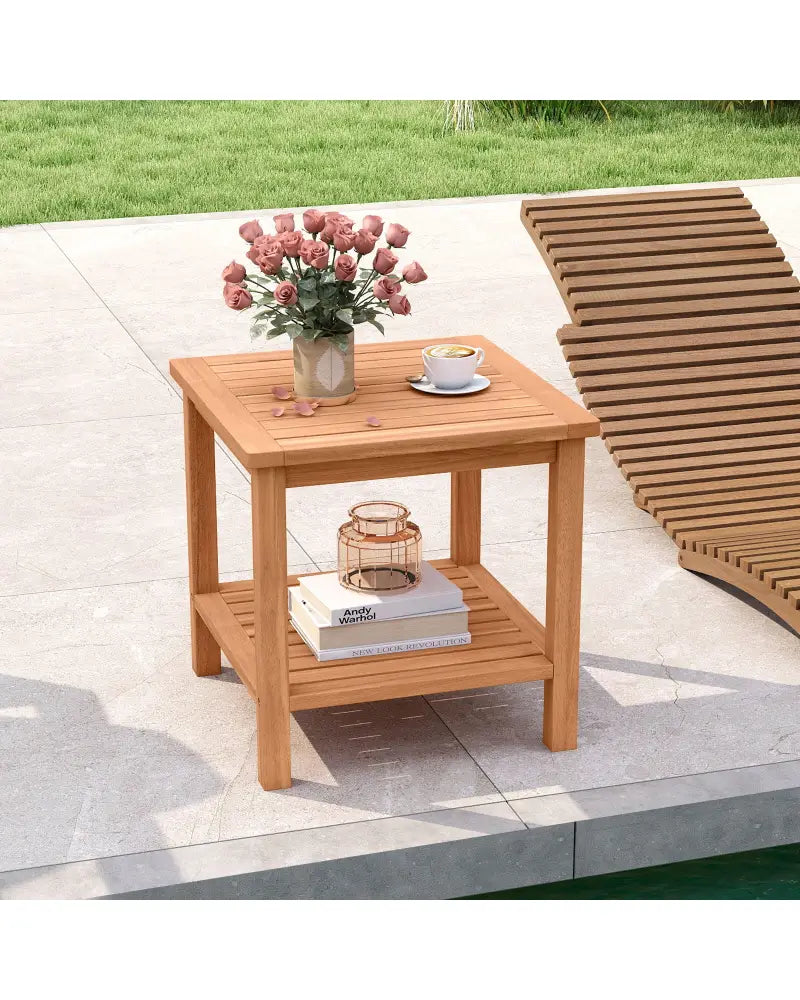 Patio Acacia Wood Side Table Set of 2 with Slatted Tabletop and Storage Shelf - End & Side Tables