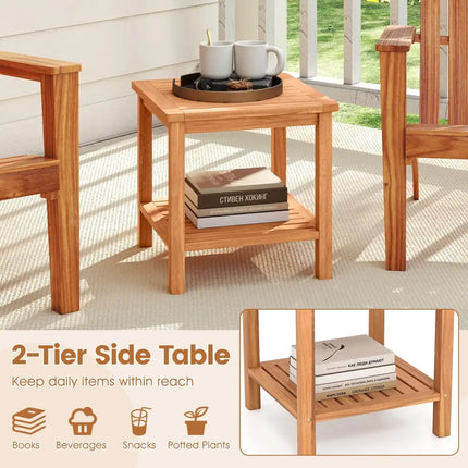 Patio Acacia Wood Side Table Set of 2 with Slatted Tabletop and Storage Shelf - End & Side Tables