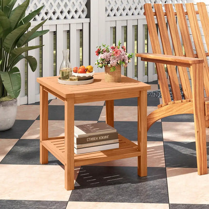 Patio Acacia Wood Side Table Set of 2 with Slatted Tabletop and Storage Shelf - End & Side Tables